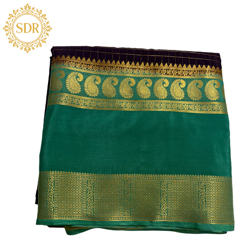 Untitled design (1) Semi Mysore Crepe Silk Saree – Elegant Checkered Weave with Contrast Border - Image 1